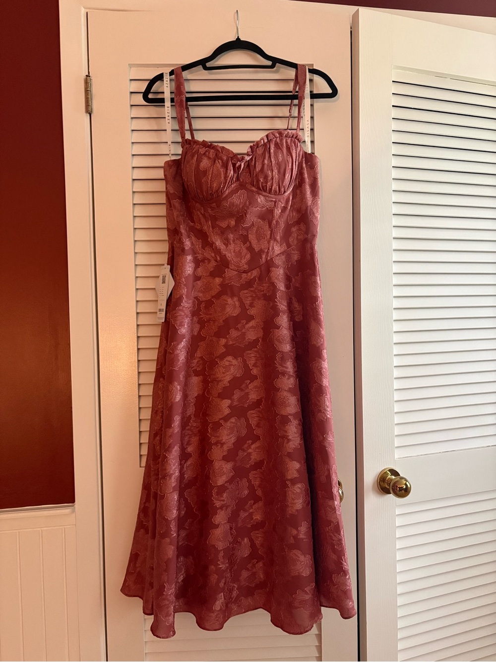 Azazie Rose Rust Satin Midi Dress with Floral Jacquard